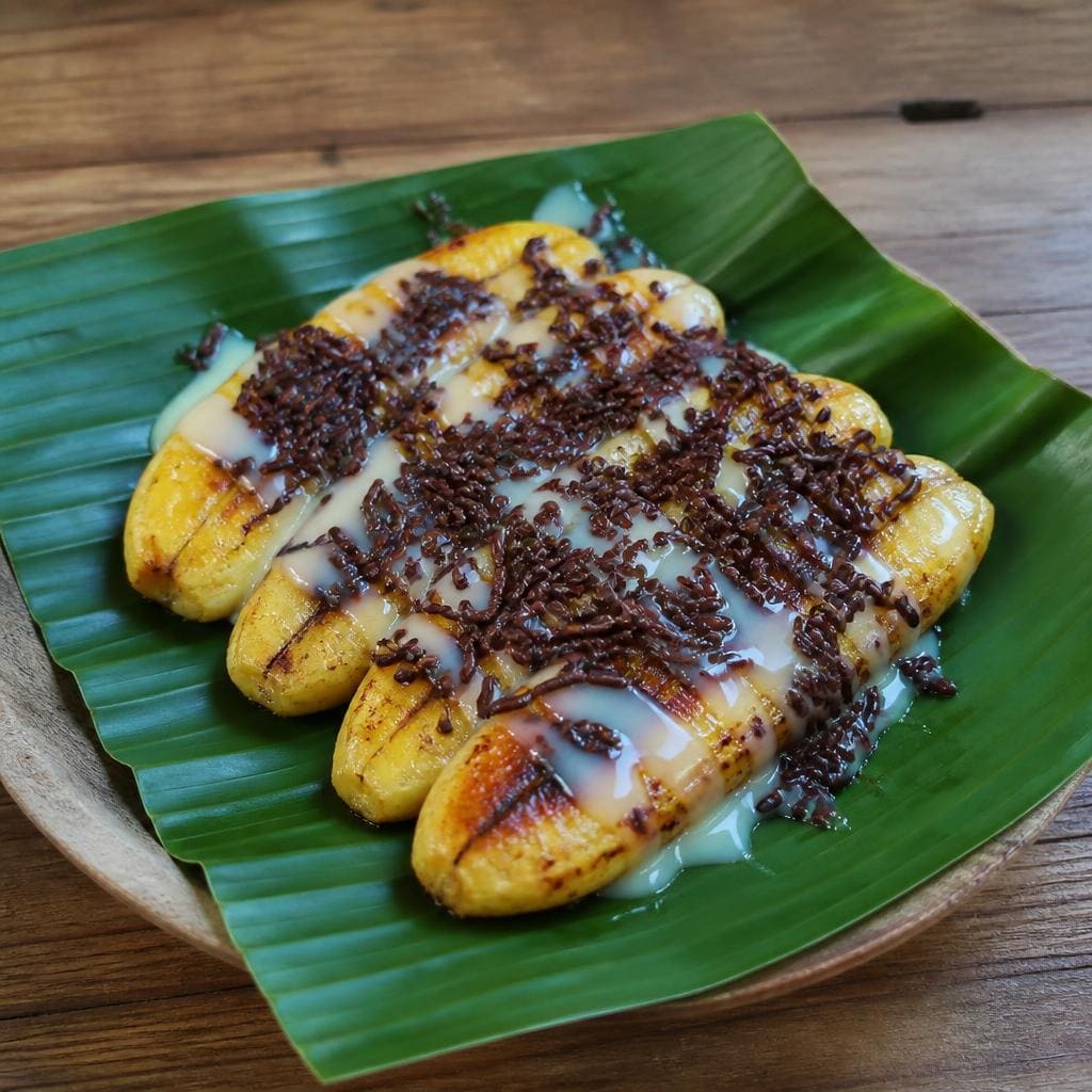 Pisang Bakar Cokelat Es Teler 77 dengan susu kental manis dan cokelat